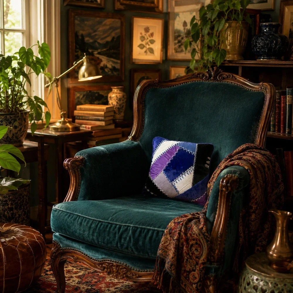 Vintage Handmade Crazy Quilt Pillow 11 Inch Velvet Satin Embroidered Blue Purple